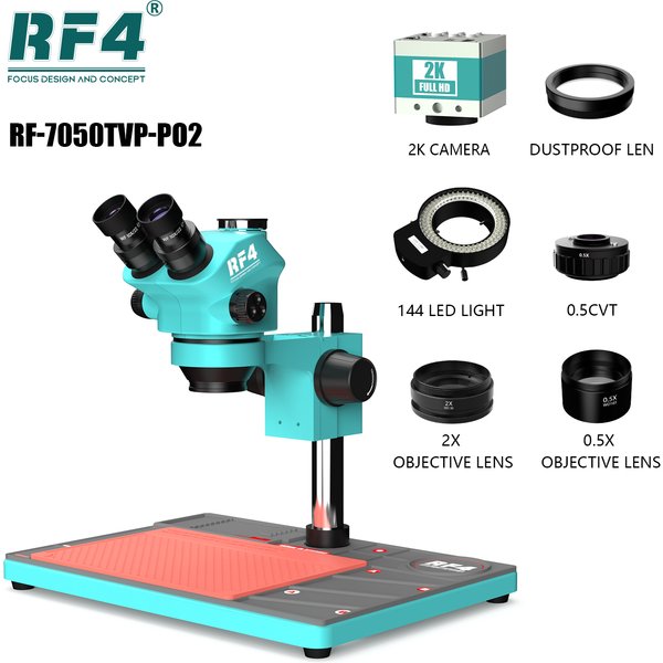 RF4 3.5-100X HDMI 2K caméra trinoculaire stéréo Zoom Microscope 0,5X 2X lentille Barlow BGA soudure agrandir RF7050TVP-PO2