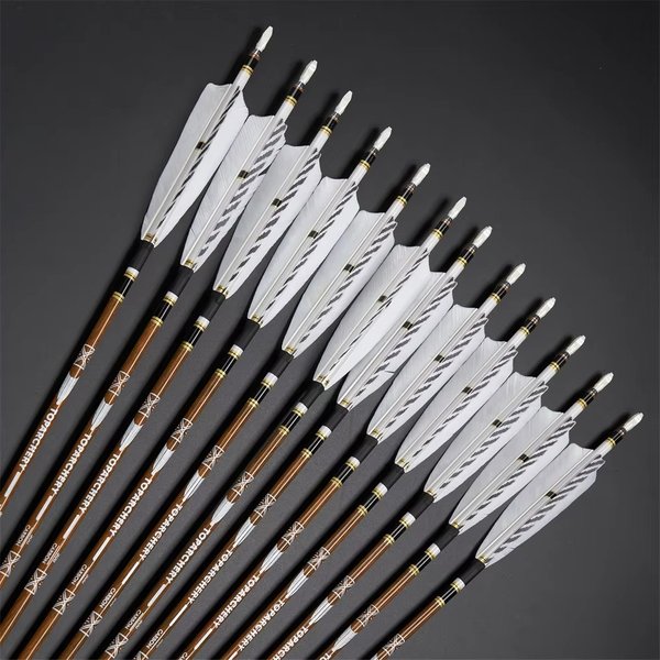 Flèches en carbone pur à 100 % pour tir à l'arc, 31 pouces, rigidité 300-600, diamètre intérieur 6,2 mm, avec ailettes en plumes de dinde de 5 pouces pour tir à l'arc recourbé/composé