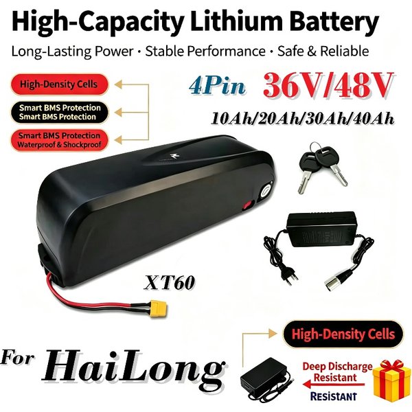 36V/48V Hailong Elektrofahrrad-Lithiumbatterie 10Ah/20Ah/30Ah/40Ah 4-Pin-Schnittstelle XT60-Stecker Ersatzbatterie für Elektroroller mit Ladegerät