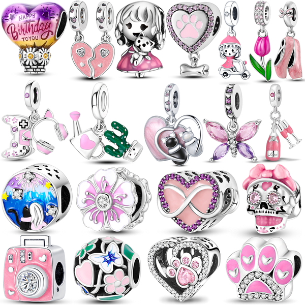 Pink Color Series Charms Beads Silver Plated Cute Girl Pink Dangle Flower Heart Pendant Fit Bracelet Necklace Jewelry