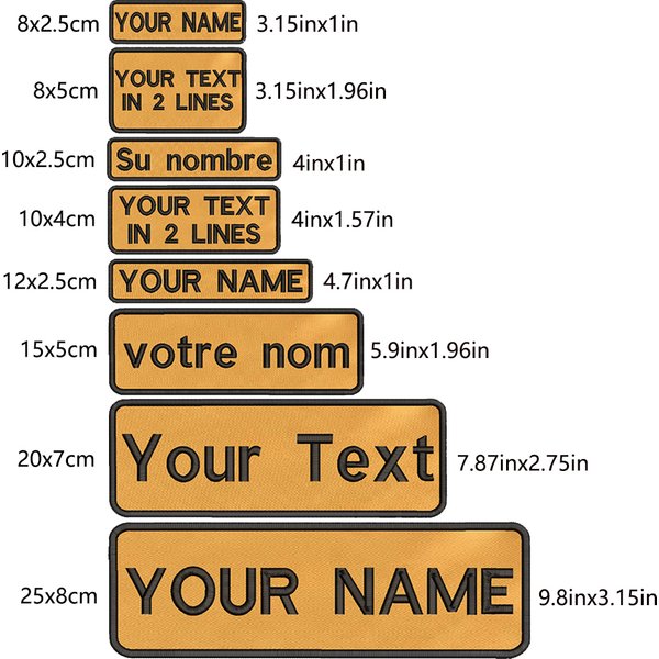 1PC nom personnalisé Patch rayures Badge fer sur ou crochet boucle 10x2.5cm 8X2.5cm,12x2.5cm,8x5cm,10x4cm,15x5cm,20X7cm,25x8cm jaune