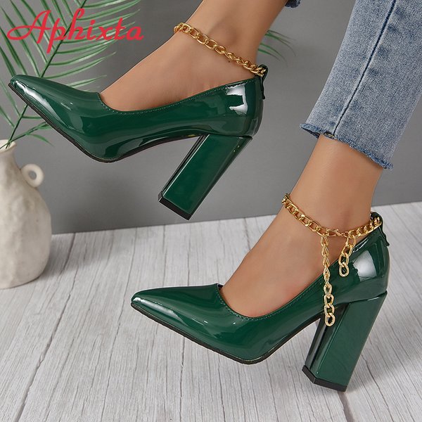 Aphixta offre spéciale Sexy Super haut talon 10 cm talons carrés pompes femmes or métal chaîne bride à la cheville chaussures bout pointu grande taille 50 53
