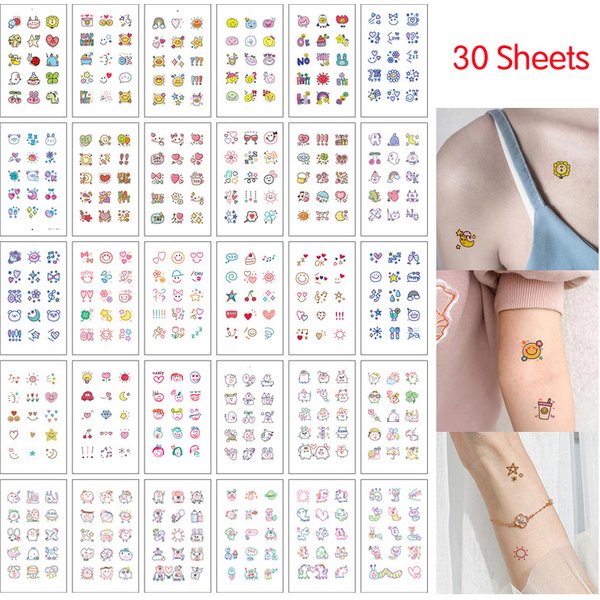 Autocollant de tatouage temporaire de dessin animé pour adultes et enfants, faux autocollants imperméables, mignon, Kawaii, 30 feuilles/ensemble