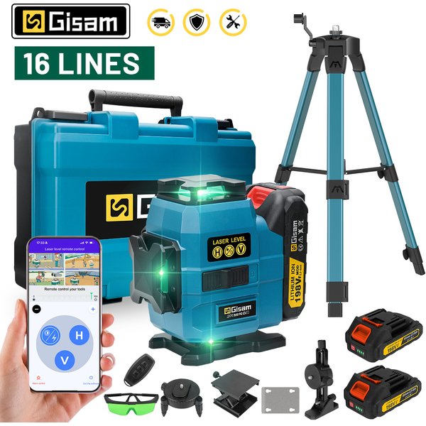 Gisam 16-liniowy 4D poziomica laserowa 360° z laserami pionowymi i poziomymi, profesjonalna, super mocna, zielona wiązka, kompatybilna z akumulatorami Makita 18V.