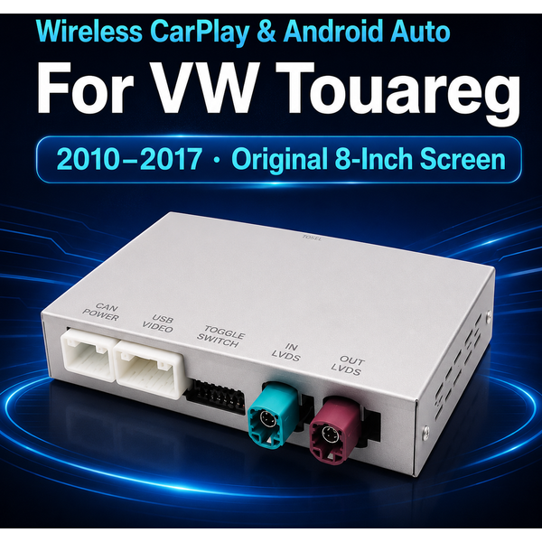 New Original Decoder Interface Box for VW Touareg RNS850, 8-inch Screen, 2011–2017; Supports Wireless CarPlay, Android Auto, MirrorLink, AirPlay, GPS, and Bluetooth Navigation.