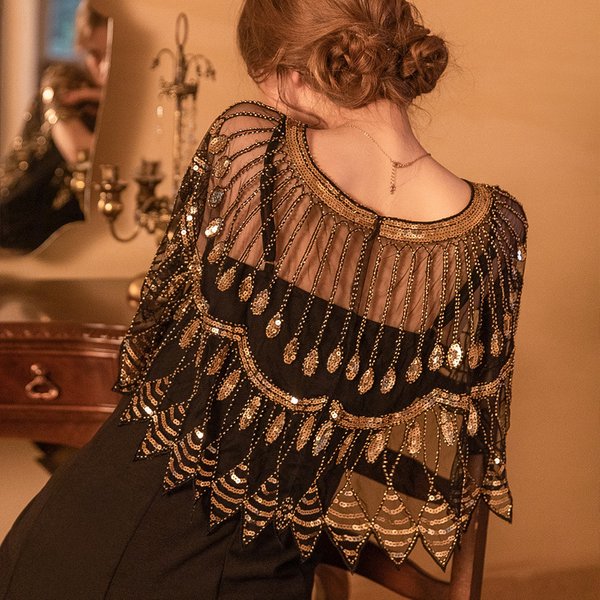 Blattform Rüschen Schal Elegante Pailletten Stickerei Vintage Cape Mesh Kurze Strickjacke Trend Kleid Zubehör Für Party Prom
