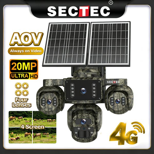 Sectec 20MP 4G SIM Solar Camera AOV Camouflage 4 Lens Outdoor Security Camera 7/24 Hour Video Recording 20100mAh OKAM Pro App