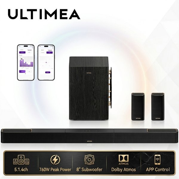 ULTIMEA 760W 5.1.4-Kanal Soundbar mit Dolby Atmos, Surround-Sound-System TV-Soundbar mit 8-Zoll-Subwoofer & 2 kabellosen Rücklautsprechern