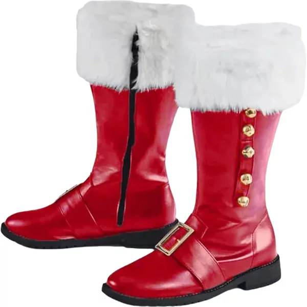 Bottes de noël pour hommes, Cosplay du nouvel an, chaussures en cuir rouge et noir, poignets en peluche blancs, bottes d'hiver pour Halloween et noël