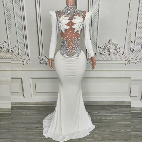 Strass scintillants perles longueur au sol robe femmes Sexy scène maille soirée CLub bal de mariage célébrer anniversaire Photoshoot porter