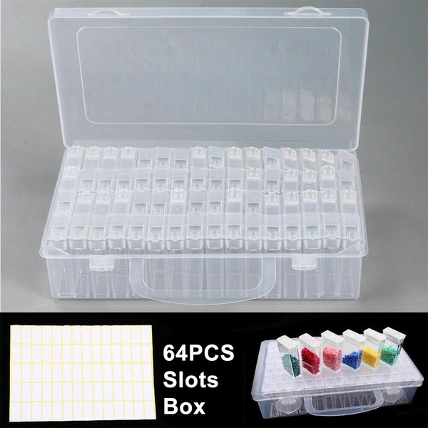 Boîte de rangement de graines en plastique, organisateur de stockage de graines réutilisable à 64 emplacements avec étiquettes autocollantes, rangement polyvalent de broderie diamant