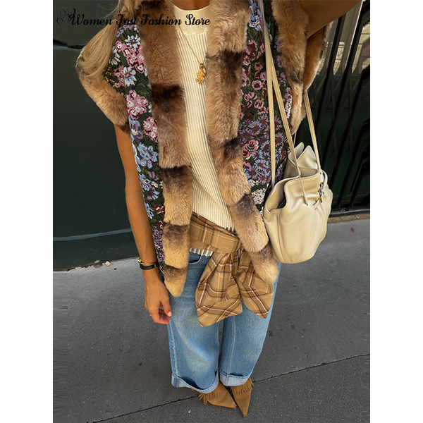 Floral Print Faux Fur Collar Vest Women's Vintage V-neck Sleeveless Plush Waistcoat 2026 Autumn New Female Street Outwear