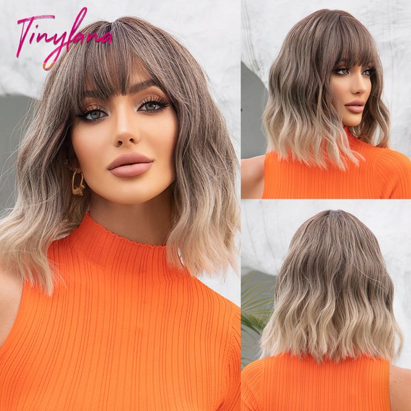 Short Curly Ash Brown Bob Synthetic Wigs With Bangs Black Gray Blonde Hair Wigs for Women Cosplay Natural Hair Heat Resistant