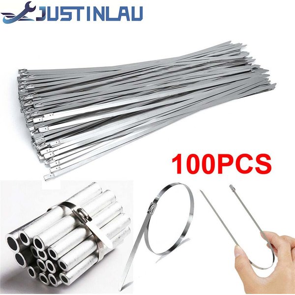 100 pièces 304 # Attaches de câble en acier inoxydable, 4.6mm, robuste, autobloquant, fermeture éclair, multi-usages, enveloppe d'échappement en métal, attaches de verrouillage