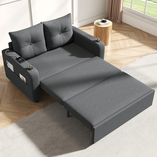 Canapé-lit 3-en-1, canapé double moderne avec fonction de couchage, porte-gobelets intégrés, poches de rangement latérales et coussin décoratif, canapé convertible multifonctionnel pour le salon ou la