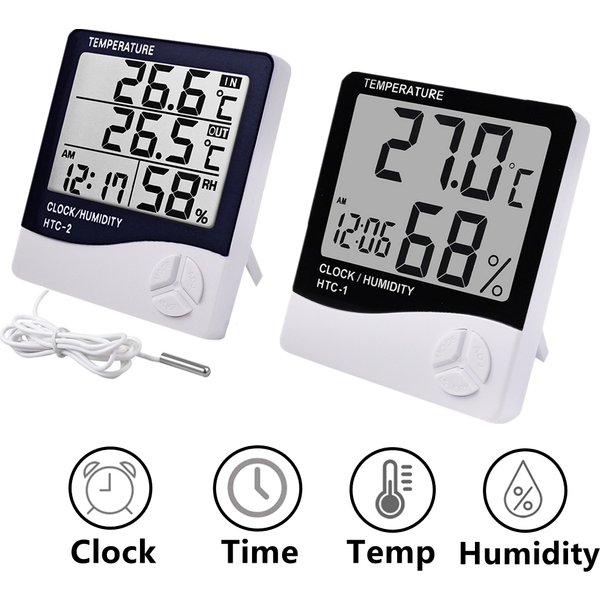 HTC-1 HTC-2 LCD Elektronisches Digitales Temperatur-Feuchtigkeitsmessgerät Heimthermometer Hygrometer Indoor Outdoor Wetterstation Uhr