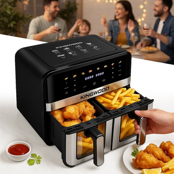 Air Cup Fryer Fat Free XL 9L mit zwei Körben und Sichtfenster, 8 integrierte Kochprogramme, vielseitiges intelligentes Koch-, Back-, Frittier- und Heizgerät.