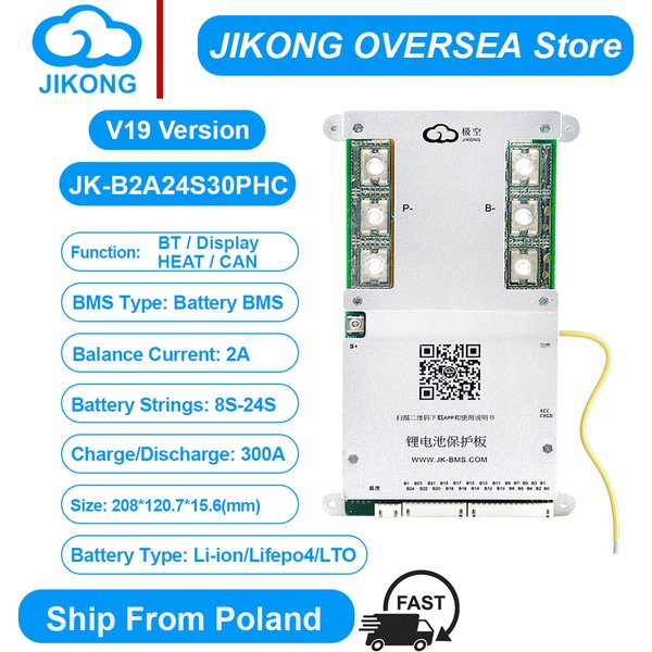 JIKONG BMS JK-B2A24S30P-HC V19 Smart JKBMS 24V 48V avec équilibrage actif 2A 300A pour protection et équilibrage de batteries LiFePO4 Li-ion LTO