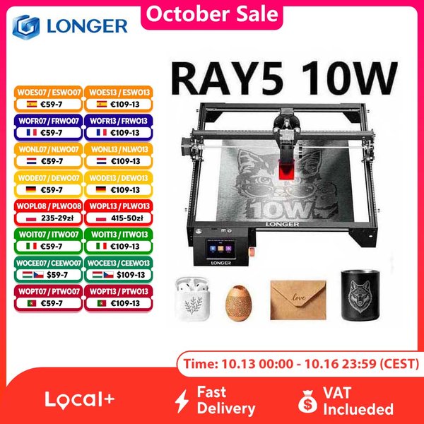 LONGER RAY5 10W Laser Engraver, 0.06 X 0.06mm Laser Spot, 400 X 400mm Working Area, 32-Bit Chip, Touch Screen, Offline Engraving, Laser Cutter for Wood, Acrylic, Leather & Metal