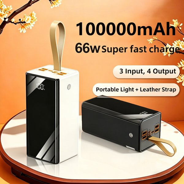 NEUE 100000mAh Powerbank, 66W Superschnelles Laden, Powerbank mit extrem großer Kapazität, intelligentes Digitaldisplay, Lederband, LED-Licht für Outdoor-Camping, Reise-Notstromversorgung, geeignet