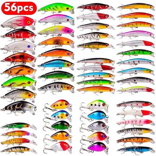 Lot d'appâts mixtes tout-puissant pour la pêche, Set d'appâts durs pour attraper des poissons tels que les ménés, les carpes, avec hameçons, Wobbler, crankbait, avec spinner, 56 pièces
