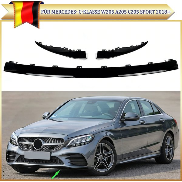 3x Frontstoßstangen-Abdeckleisten-Set für Mercedes Benz C180 C200 W205 C 160 Sport 2019-2022, glänzend schwarz, ABS-Kunststoff