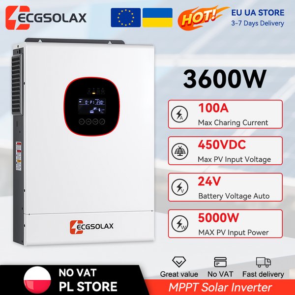 ECGSOLAX 3.6KW Hybrydowy Inwerter Solarny 24V Off-grid z Kontrolerem Ładowania MPPT 100A, Maks. Napięcie PV 450V