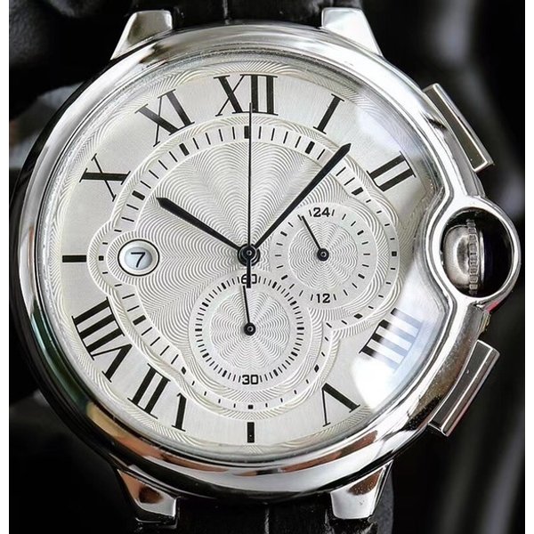Herren-Quarzuhr: 43mm Rundes Großes Zifferblatt, 3-Zeiger Multifunktion, Römische Ziffern, Lederarmband, Business-Casual-Stil