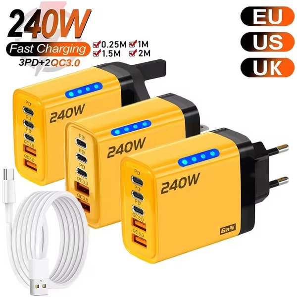 GaN chargeur rapide 240W 5 Ports PD Charge rapide 3.0 2USB 3Type C pour iPhone 15 16 17 Samsung Xiaomi Huawei tablette prise ue US UK