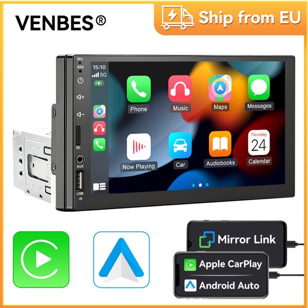 VENBES 1 DIN-Autoradio mit CarPlay und Android Auto 7-Zoll-Touchscreen-Unterstützung, Mirror Link Bluetooth, optionale Rückfahrkamera