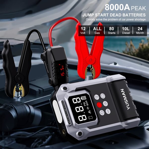 8000A Leistungsstarkes Autobatterie-Startgerät, Starthilfe mit Luftkompressor, LCD-Bildschirm, 21800mAh tragbares Booster-Ladegerät, Autobatterie-Ladegerät für 12V (ALLE Benzin-/10L Diesel-Fahrzeuge),