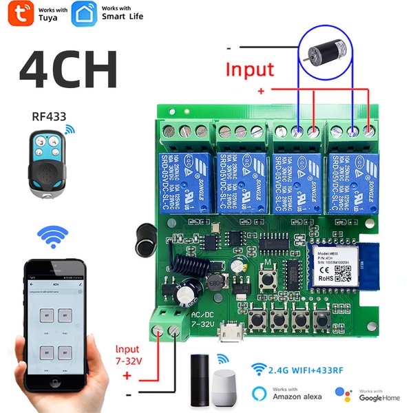 4CH Wifi Smart Home Motor Controller,DC 12V 24V 32V 220V RF433 Remote,4 Channel Relay Switch for Alice Alexa,Tuya Smart Life
