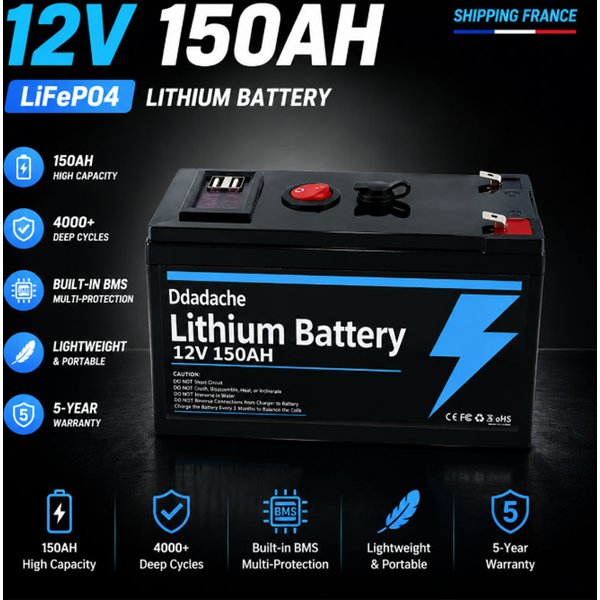 EU Stock 12V 150Ah LiFePO4 USB Solar Battery For Marine Camping Off Grid Fish Finder