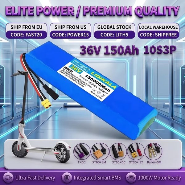 LIDIKALA 10S3P 36V 150Ah Lithium-Batteriepack Klasse A 18650 Zellen Eingebautes Smart-BMS 42V Vollladung Wiederaufladbare Ersatzbatterie für 1000W Modifiziertes Elektrofahrrad Roller Citycoco