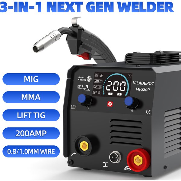 Viladepot 3 in 1 No Gas MIG-Schweißgerät MIG/MMA/Lift WIG MIG200 Halbautomatisches Schweißgerät mit gaslosem Flussmitteldraht