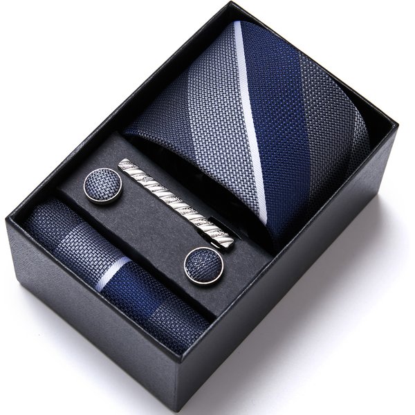 Brand Wholesale Tie Pocket Squares Cufflink Set Necktie Blue Striped Man Wedding Accessories Fit Workplace Holiday Gift Box