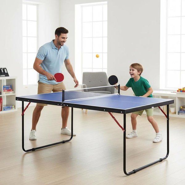 Faltbarer Mini-Tischtennistisch 137,2×76,2×66cm aus MDF-Platte, leicht zu transportieren mit Tragegriff, vormontiert, inkl. Netz, 2 Schläger & 3 Bälle, rutschfeste Saugfüße, platzsparend für drinnen &