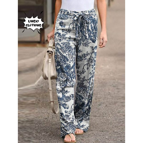 2023 New Summer Fashion Casual Simple Comfortable Elastic Waist Cotton Hemp Large Size Printed High Waist Wide Leg Pants