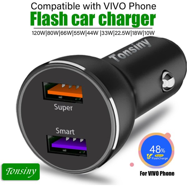 Pour chargeur USB de voiture Vivo 120W/66W/55W/33W, chargeur allume-cigare double port 12V/24V pour Vivo X90/X80/Y72/Y52/Y16/Y76/V21/V25