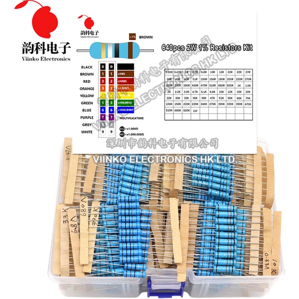 Kit de résistance à Film métallique 640 pièces 2W 1% 0,33R - 1M ohm 64ValuesX10pcs, ensemble de résistance, paquet d'assortiment
