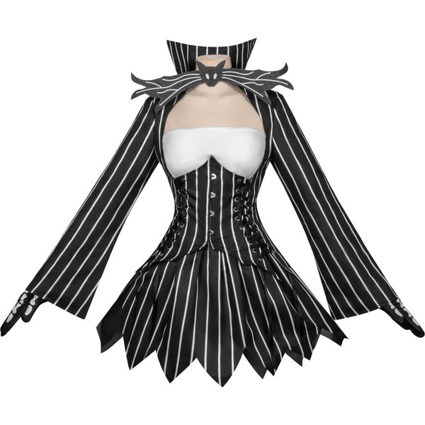 Costume de cosplay pour femmes, noir et blanc à rayures, tenue d'Halloween, haut gothique, jupe, gants, manchons, accessoires, fête de carnaval.
