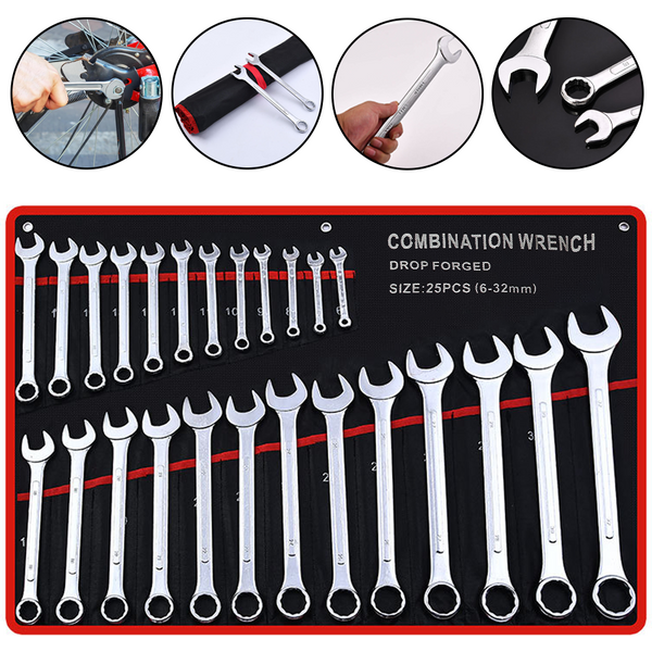 25-teiliges Ratschenschlüssel-Set, 8–32 mm, Zahnkranz, Ratschen-Maulschlüssel-Set, metrischer flexibler Kopf mit Tasche, Ratschenwerkzeug