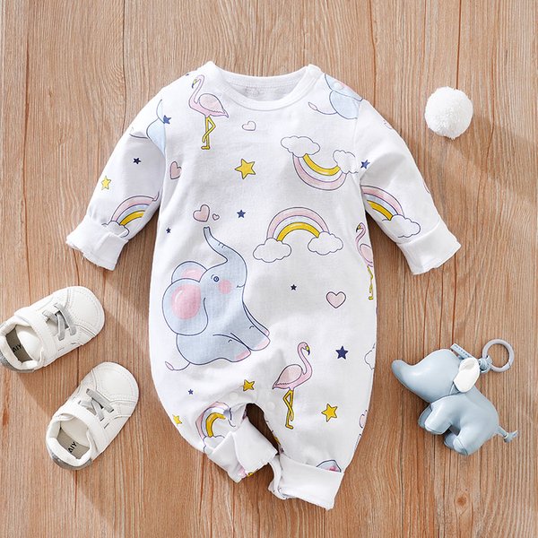 Frühling und Herbst Jungen und Mädchen niedlichen Cartoon Regenbogen Elefanten Druck Baumwolle bequem Langarm Baby Body