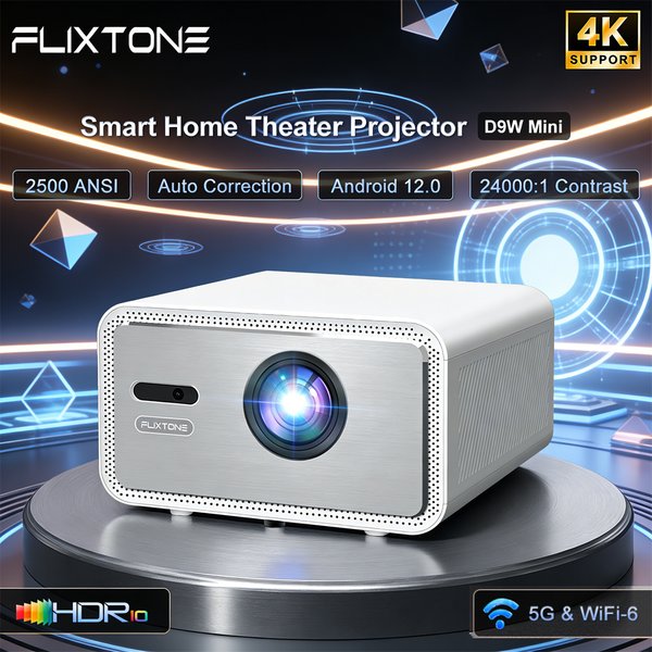 Flixtone D9W MINI 1080P Projektor 2500 ANSI Full HD Unterstützt 4K-Dekodierung HDR Autofokus Heimkino Android 12.0 Smart TV Beamer
