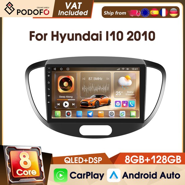 Podofo Universal 9" Wireless CarPlay Android 4G 8-Kern 8+128G Intelligente Autosysteme DAB Android Auto Autoradio für Hyundai I10 2010 WIFI GPS FM RDS