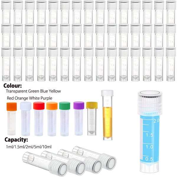 Flacons de Tubes à essai en plastique de 1 à 10ml, 25/50 pièces, conteneur d'échantillon, bouteilles artisanales en poudre à bouchon à vis pour fournitures de chimie scolaires et de bureau