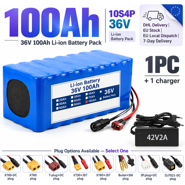 100Ah Kapazität 36V 10S4P wiederaufladbarer Akku des Verkäufers mit wählbarem XT60-DC-Stecker, XT60-Stecker, T-Stecker+DC-Stecker und Ladegerät-Option