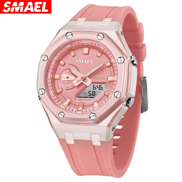SMAEL montre à Quartz femmes double temps mode décontracté Silicone bracelet numérique rétro-éclairage étudiant fille montre de sport femme montre-bracelet