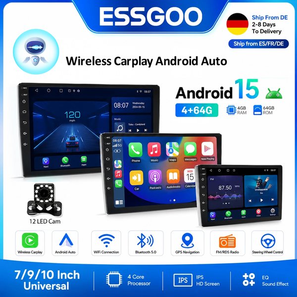 ESSGOO Android 15 Kabelloses Carplay Autoradio 2 Din 7"/9"/10" GPS-Navigator MP5-Player Glasbildschirm Wi-Fi FM BT Auto-Stereoanlage