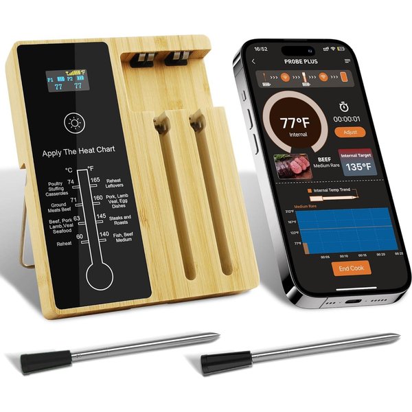 2 Sonden, 400 Fuß, kabelloses Bluetooth-Fleisch-Lebensmittelthermometer, digital, mit LCD-Display für Grill, Ofen, Küche, Raucher und Drehspieß